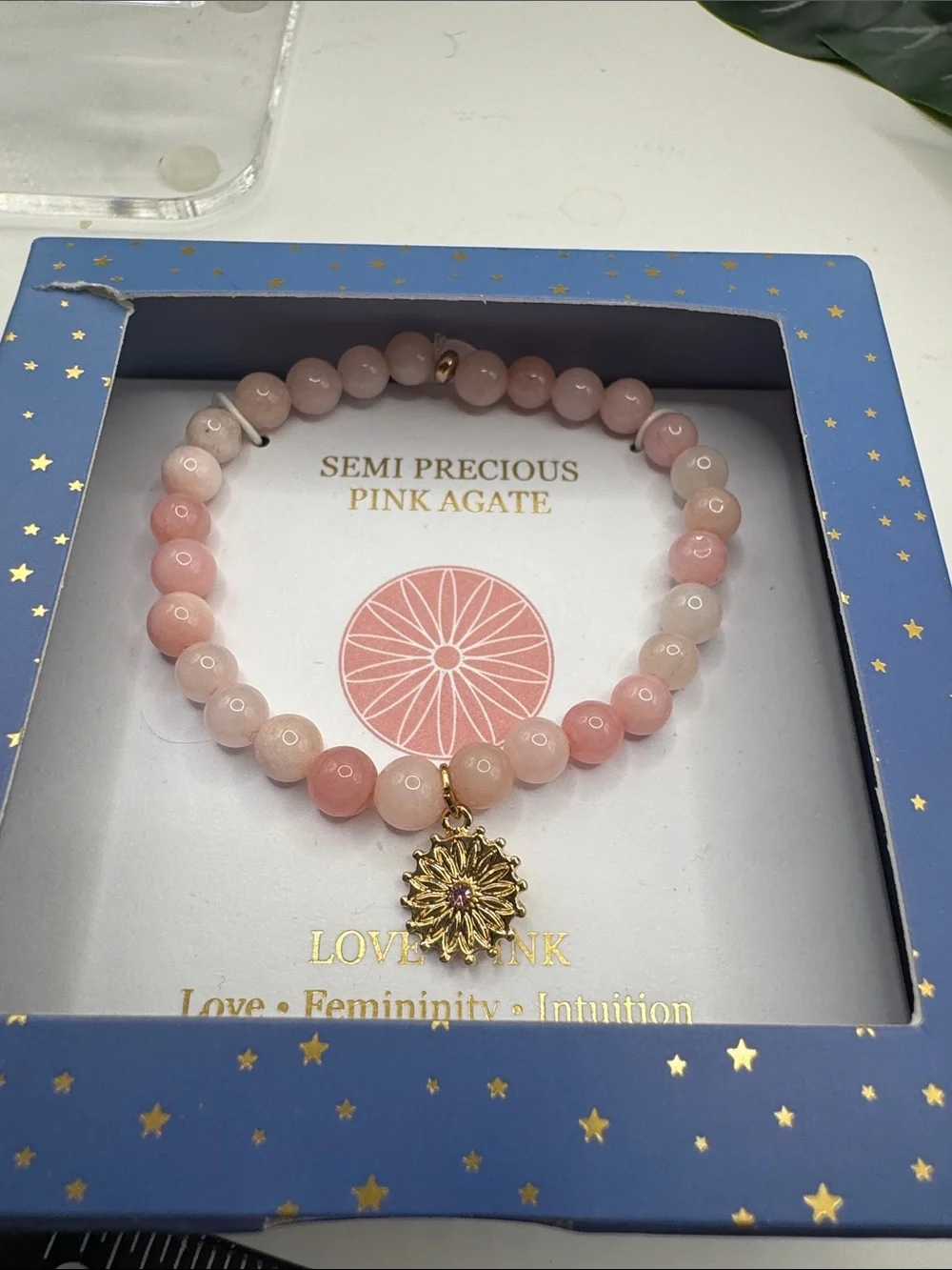 Semi-Precious Pink Agate Beaded Stretch Bracelet with Gold-Tone Charm (BR222BN)